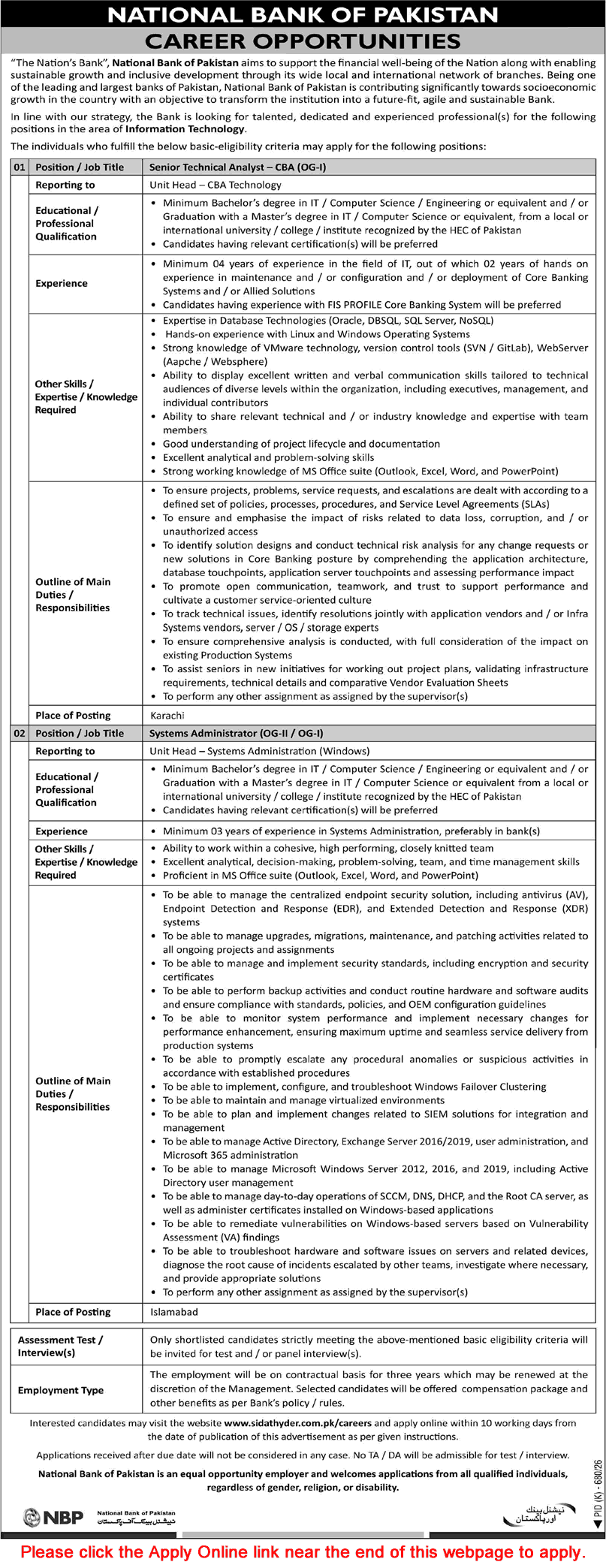 National Bank of Pakistan Jobs August 2026 September Apply Online System Administrator & Senior Technical Analyst Latest
