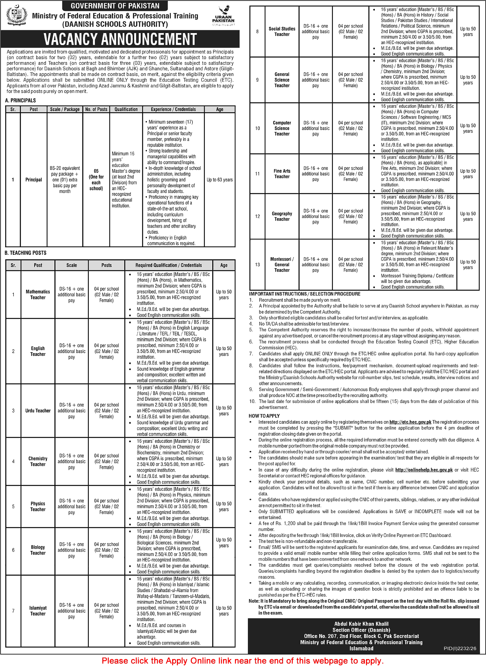 Daanish Schools Jobs September 2026 Apply Online Teachers & Principals MoFE&PT Latest