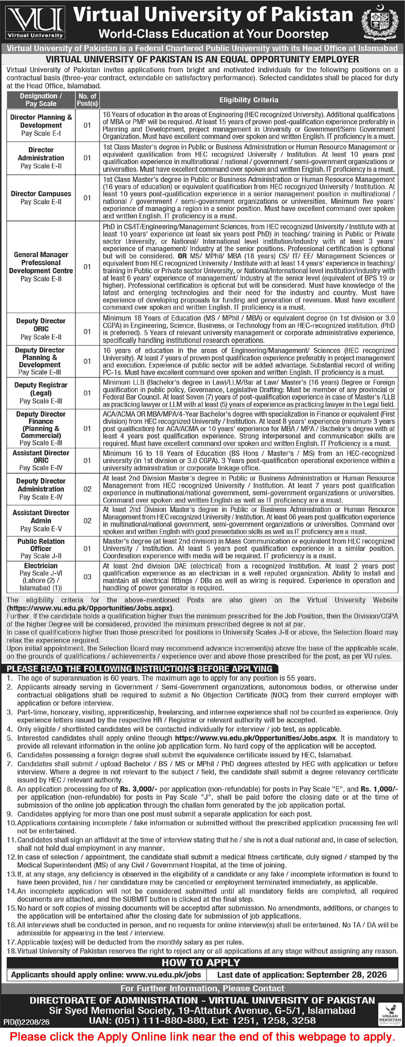 Virtual University Islamabad Jobs September 2026 Apply Online Deputy / Assistant Directors & Others VU Latest