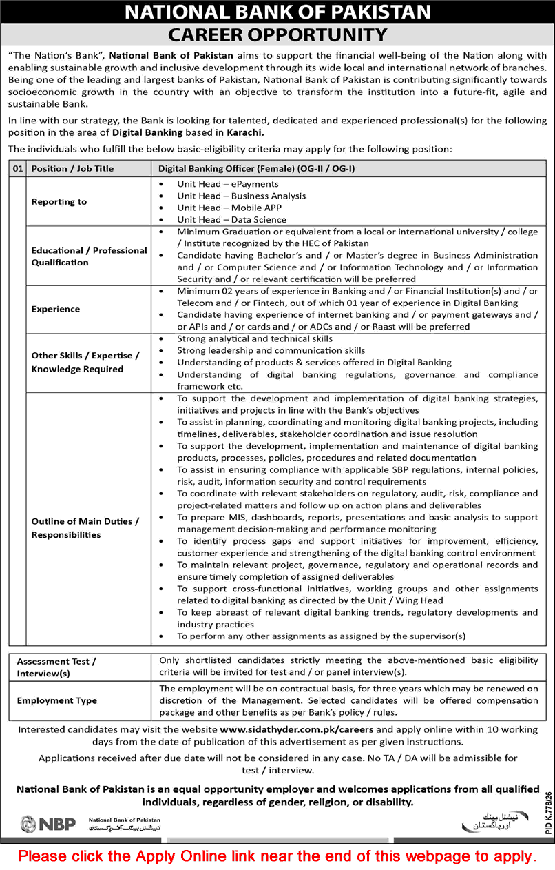 Digital Banking Officer Jobs in National Bank of Pakistan September 2026 Apply Online NBP Latest