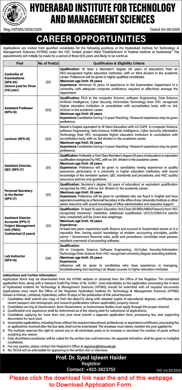 Hyderabad Institute for Technology and Management Sciences Jobs September 2026 Application Form HITMS Latest