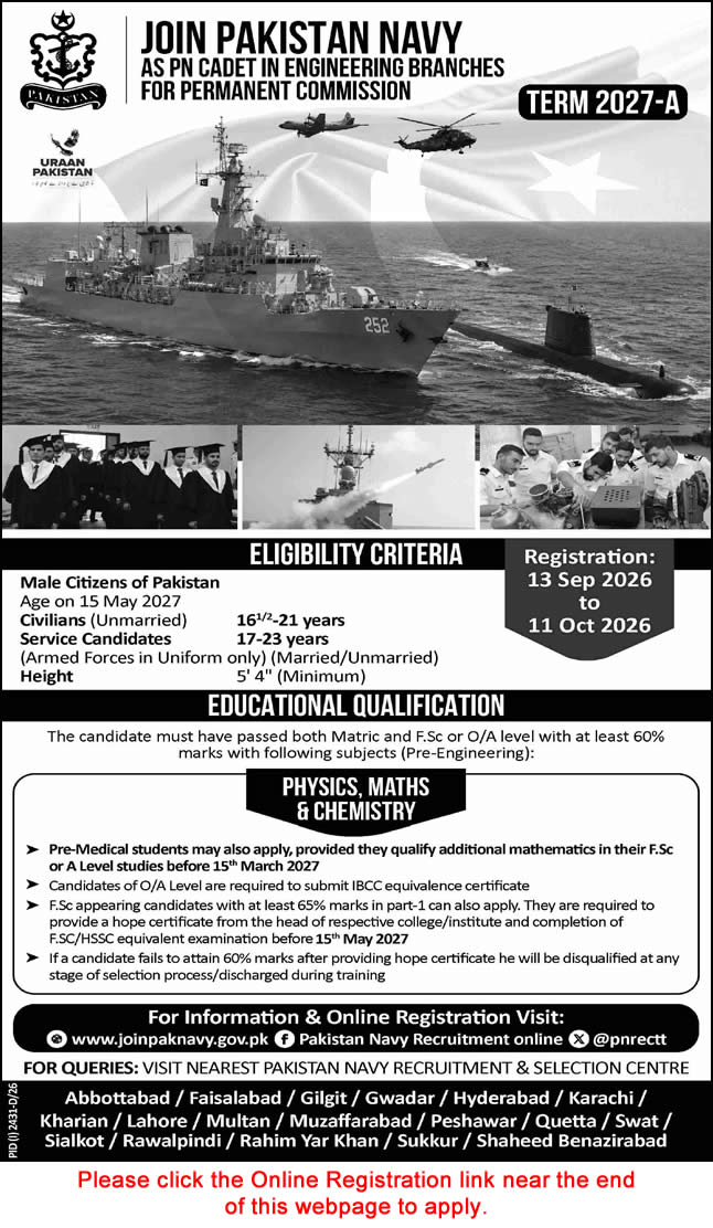 Join Pakistan Navy as PN Cadet September 2026 Online Registration in Engineering Branches Permission Commission in Term 2027-A Latest