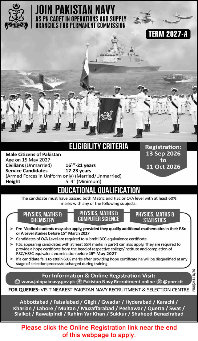 Join Pakistan Navy as PN Cadet September 2026 Online Registration in Operations & Supply Branches Permission Commission in Term 2027-A Latest