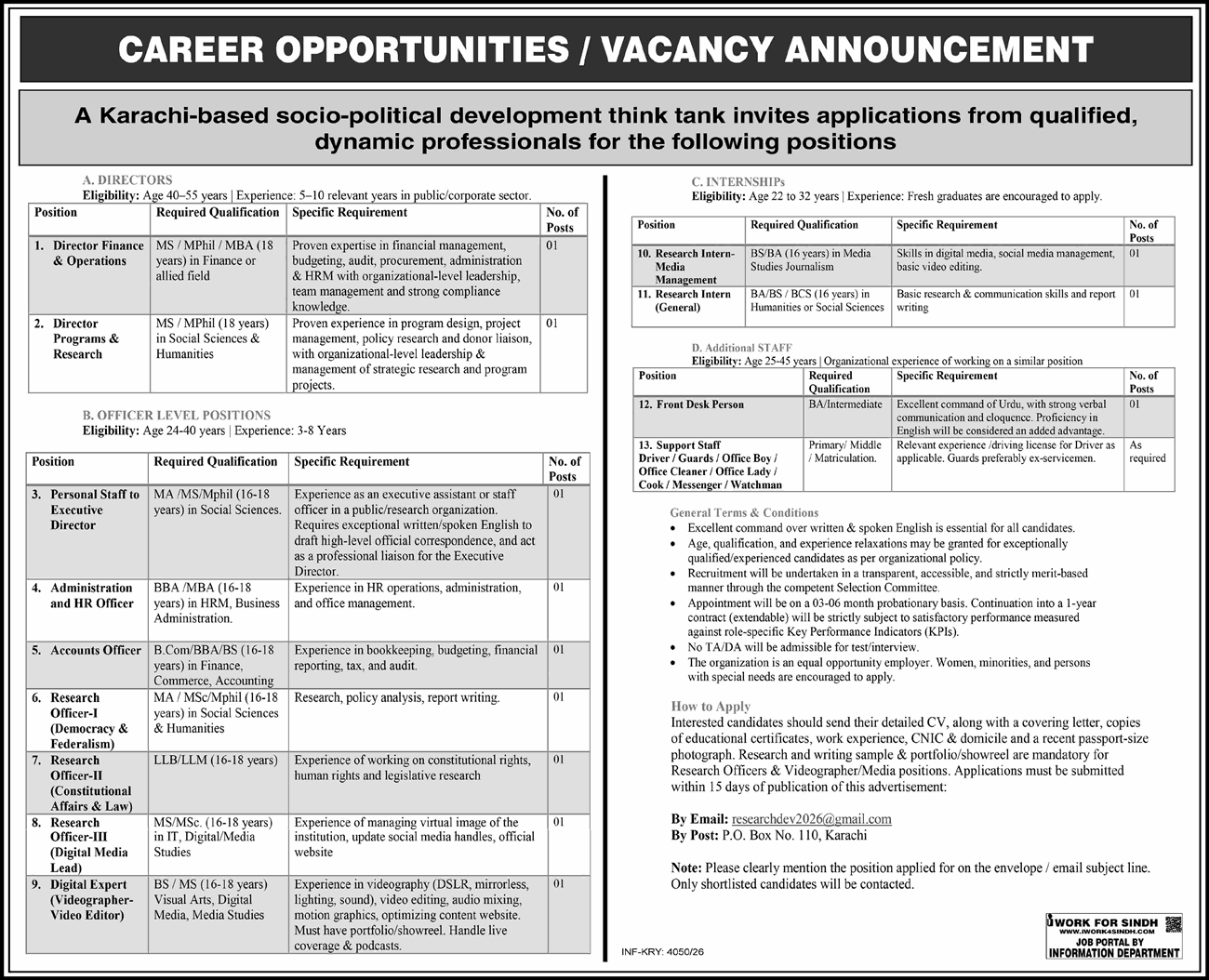 PO Box 110 Karachi Jobs 2026 September Research Officers, Internees, Support Staff & Others Latest
