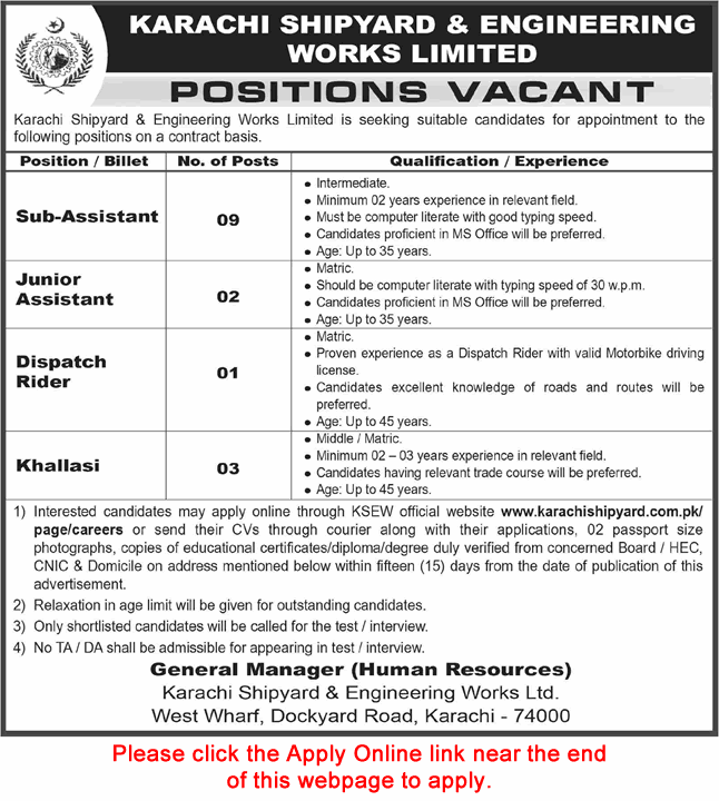 Karachi Shipyard and Engineering Works Jobs September 2026 Apply Online Sub Assistants & Others KSEW Latest