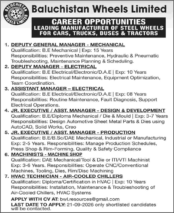 Baluchistan Wheels Limited Karachi Jobs 2026 September Junior Executives / Assistant Managers & Others Latest