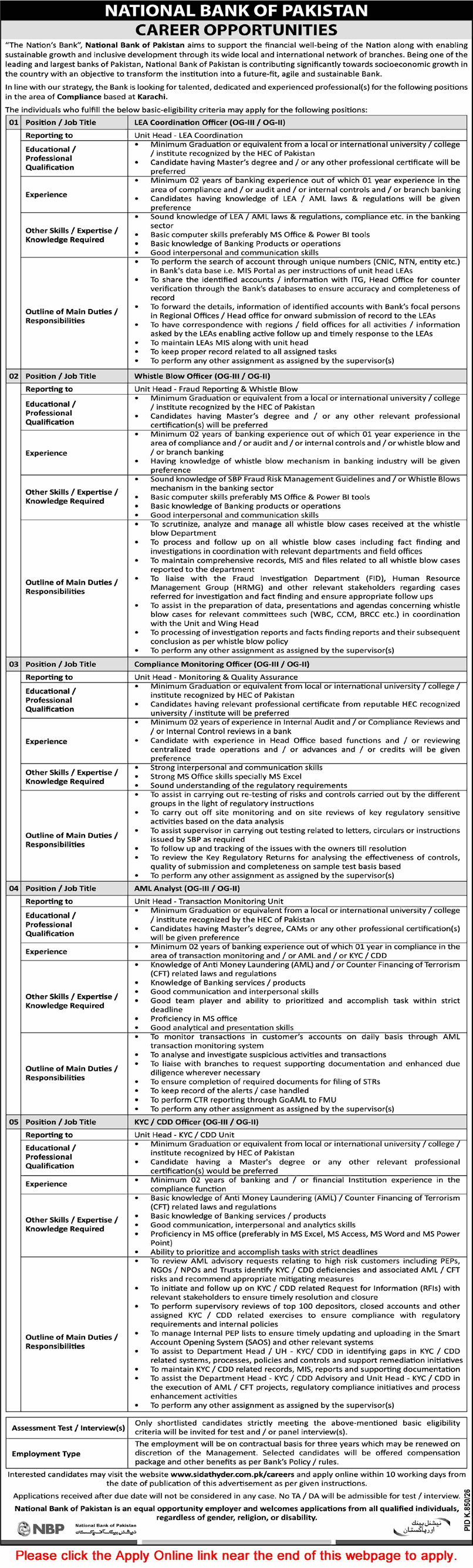 National Bank of Pakistan Jobs September 2026 Apply Online Compliance Monitoring Officer & Others NBP Latest
