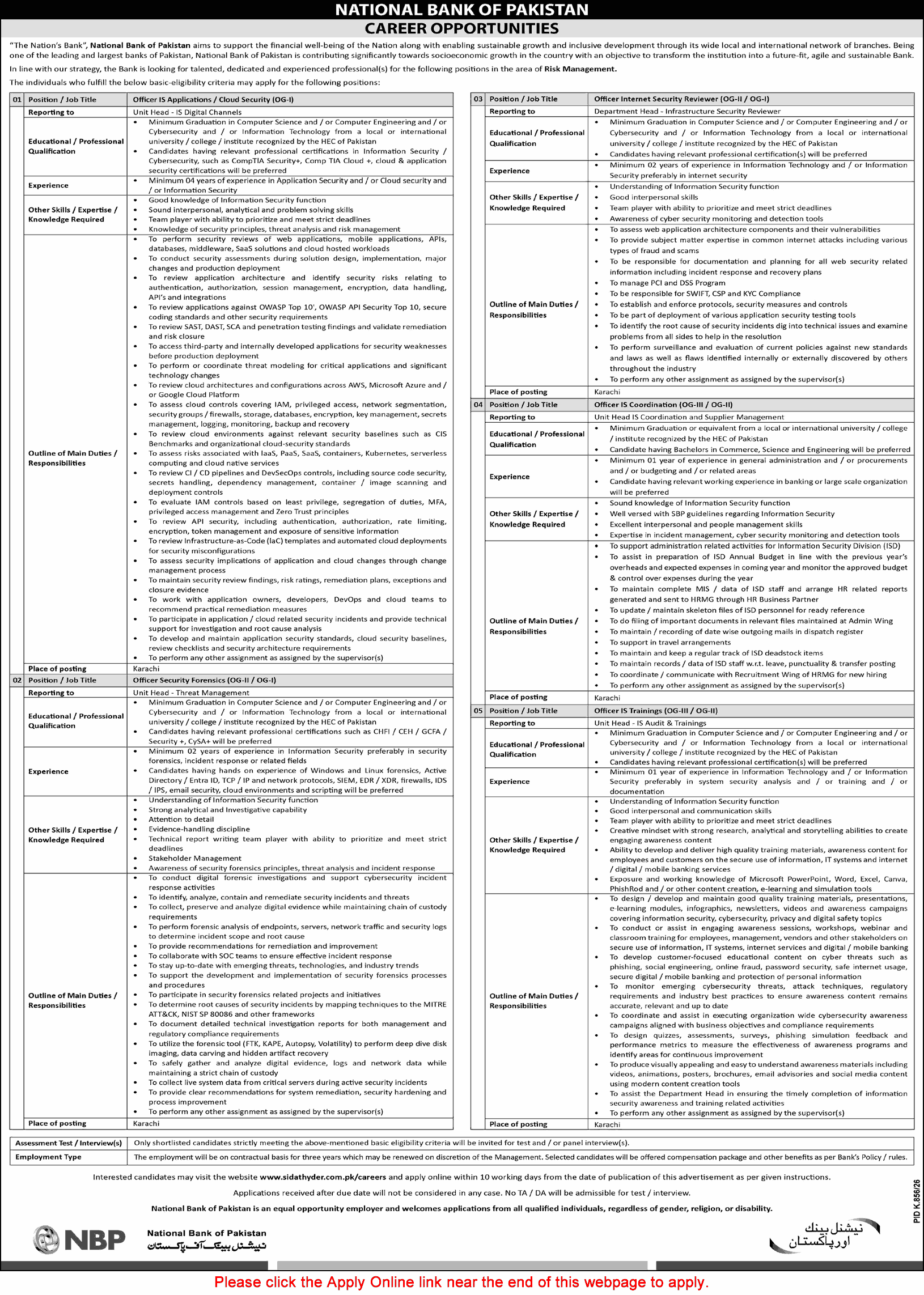 National Bank of Pakistan Jobs September 2026 Apply Online Compliance IS Coordination / Training Officers & Others NBP Latest