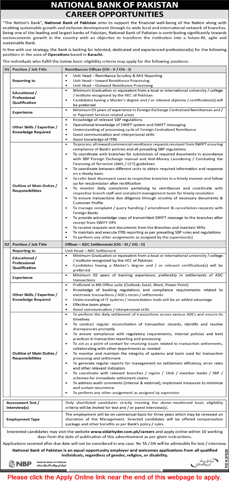National Bank of Pakistan Jobs September 2026 Apply Online Remittances Officers & ADC Settlements Officer NBP Latest