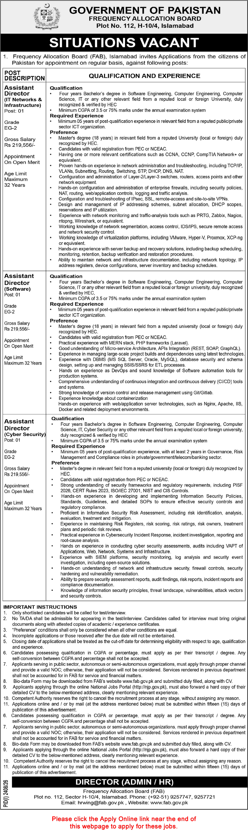 Assistant Director Jobs in Frequency Allocation Board Islamabad September 2026 Online Application Form FAB Latest