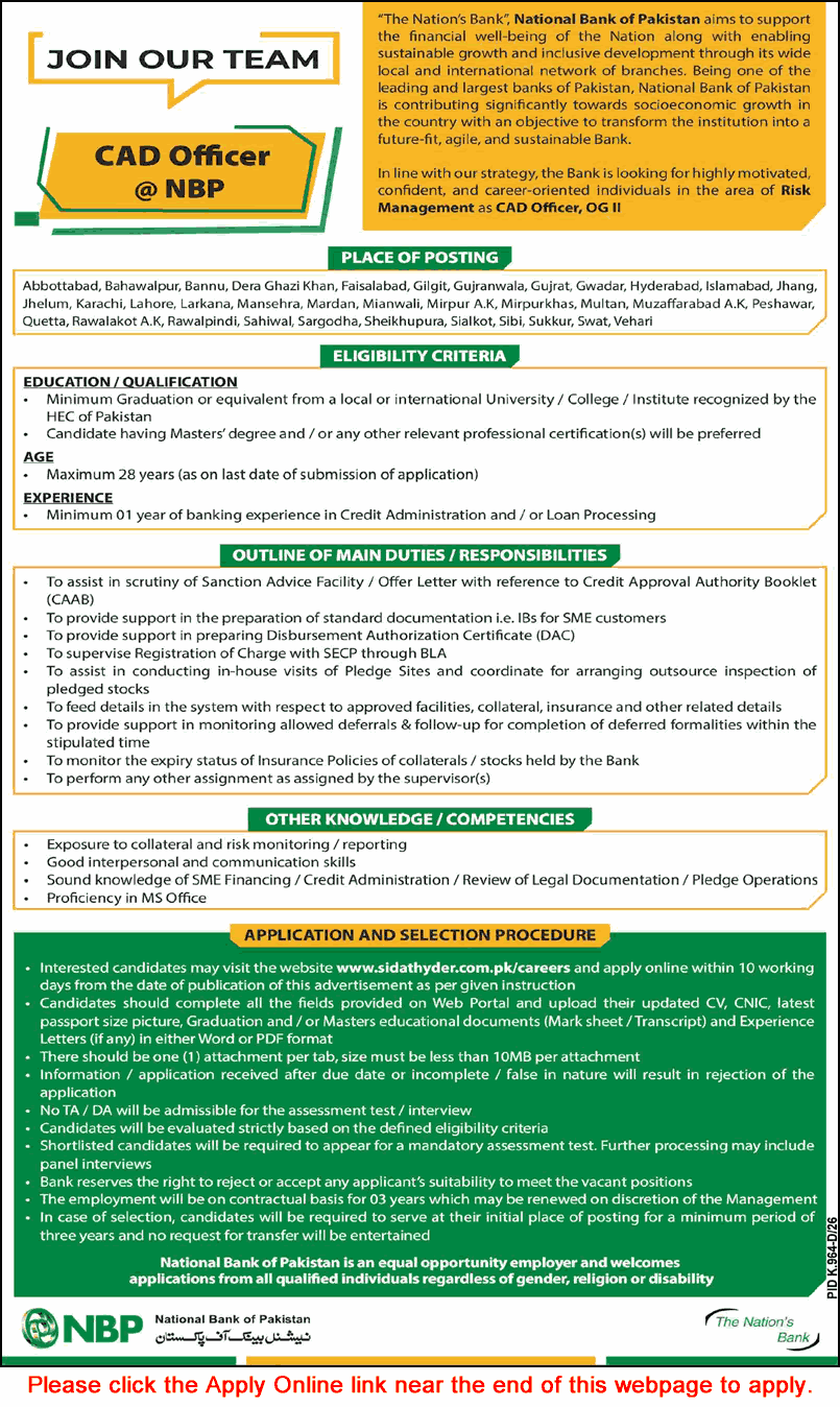 CAD Officer Jobs in National Bank of Pakistan September 2026 Apply Online NBP Latest