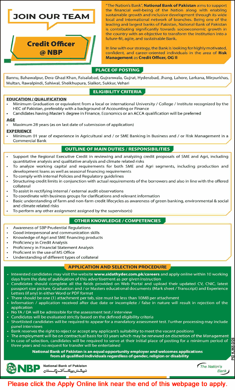 Credit Officer Jobs in National Bank of Pakistan September 2026 Apply Online NBP Latest