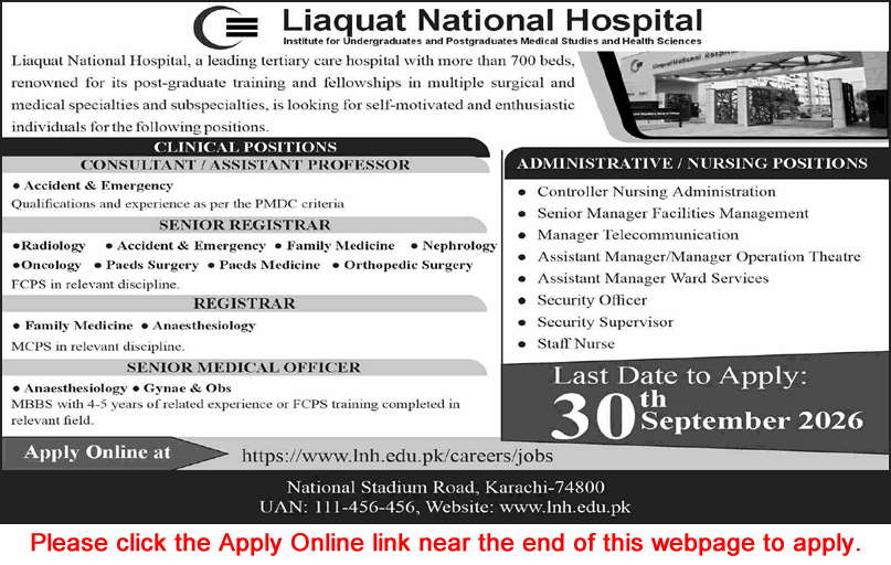 Liaquat National Hospital Karachi Jobs September 2026 Apply Online Medical Officers, Senior Registrars & Others Latest