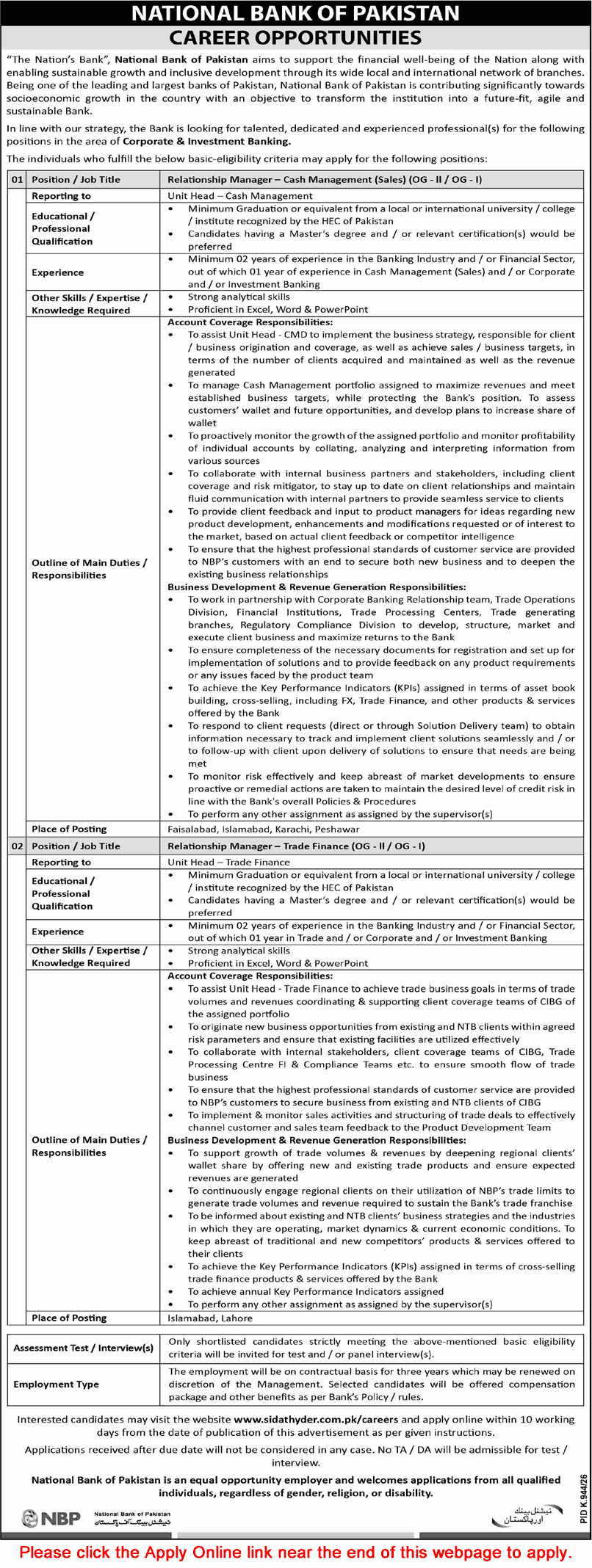 Relationship Manager Jobs in National Bank of Pakistan September 2026 Apply Online NBP Latest
