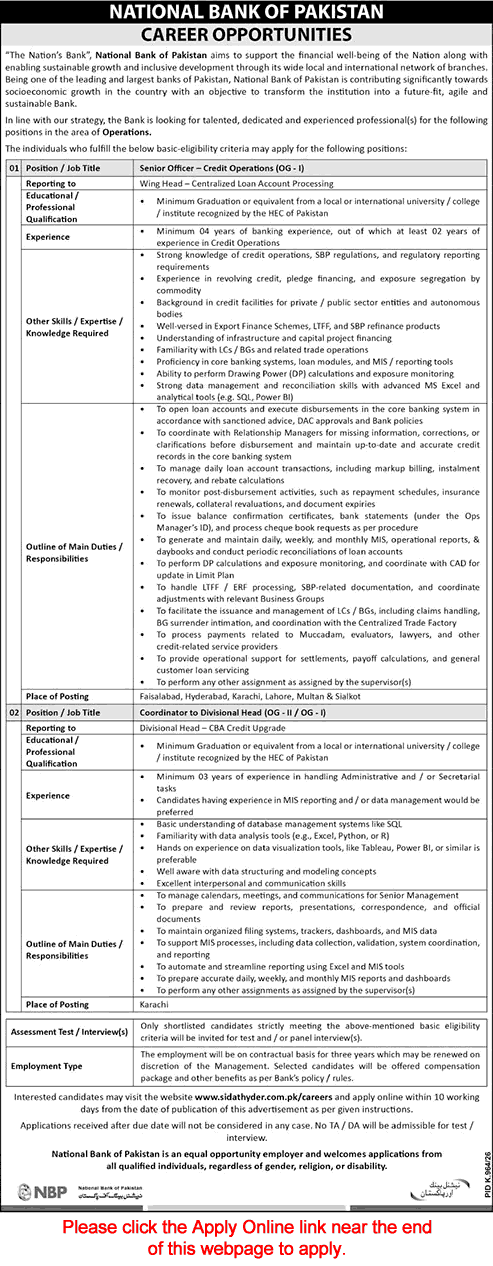 National Bank of Pakistan Jobs September 2026 for Apply Online Credit Operations Officers & Others Latest