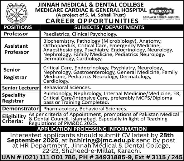 Jinnah Medical and Dental College Karachi Jobs 2026 September Teaching Faculty Medicare Cardiac & General Hospital Latest