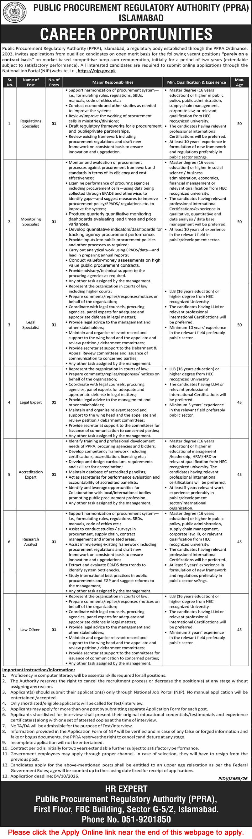 Public Procurement Regulatory Authority Islamabad Jobs September 2026 Apply Online PPRA Latest