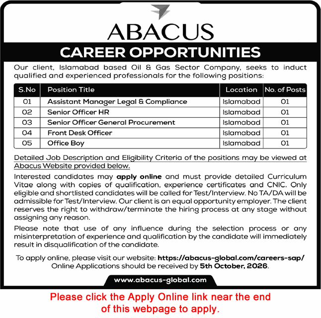 ABACUS Islamabad Jobs 2026 September Apply Online Front Desk Officer, Office Boy & Others Latest