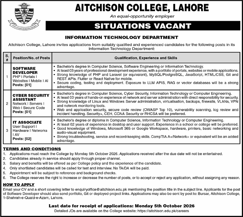 Aitchison College Lahore Jobs 2026 September Software Developer, Cyber Security Assistant & IT Associate Latest