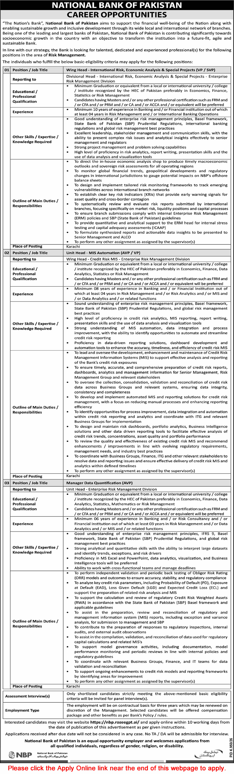 National Bank of Pakistan Jobs September 2026 for Apply Online Wing / Unit Heads & Data Quantification Manager Latest