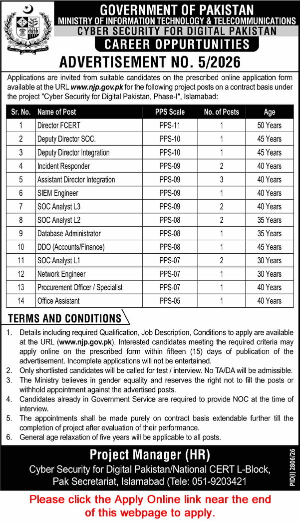 Ministry of Information Technology and Telecommunication Jobs September 2026 October Apply Online MoITT Latest