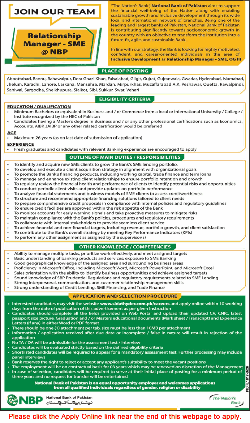 Relationship Manager Jobs in National Bank of Pakistan September 2026 October Apply Online NBP Latest