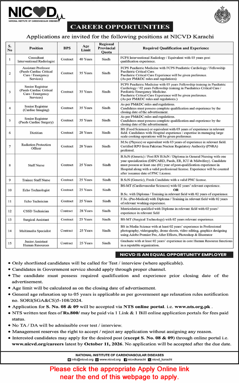 NICVD Karachi Jobs September 2026 October Staff Nurses, Medical Technicians & Others Latest