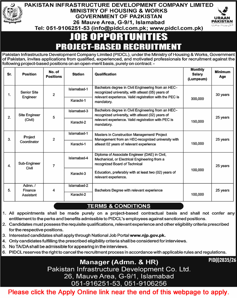 Pakistan Infrastructure Development Company Jobs September 2026 October Apply Online Sub / Civil Engineers & Others PIDCL Latest