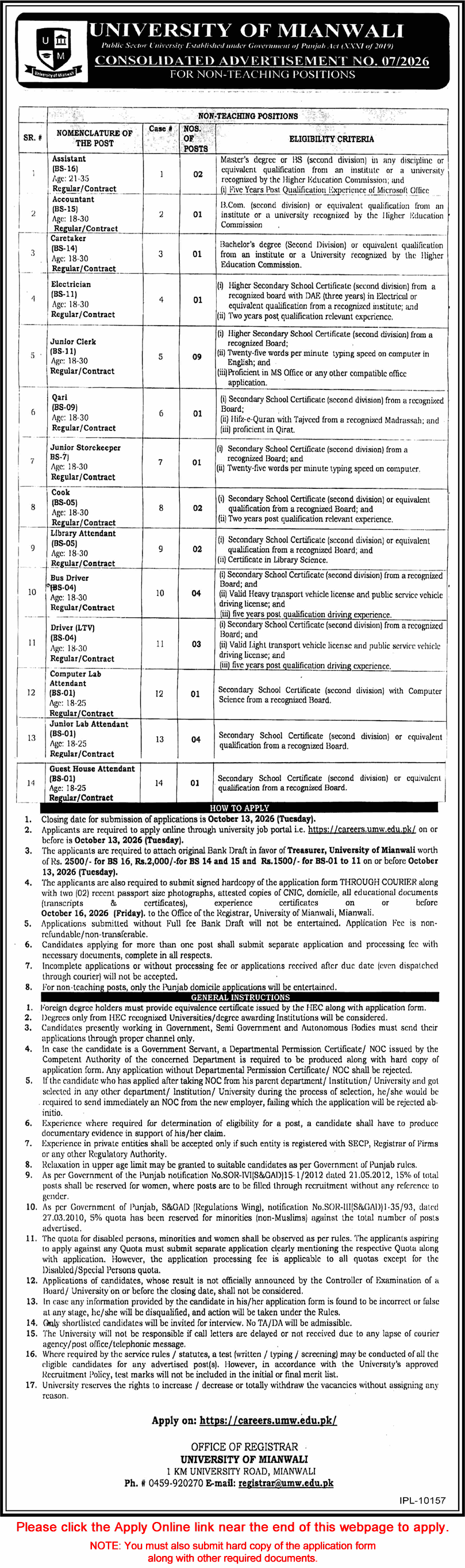 University of Mianwali Jobs 2026 September / October Apply Online Clerks, Drivers & Others Latest