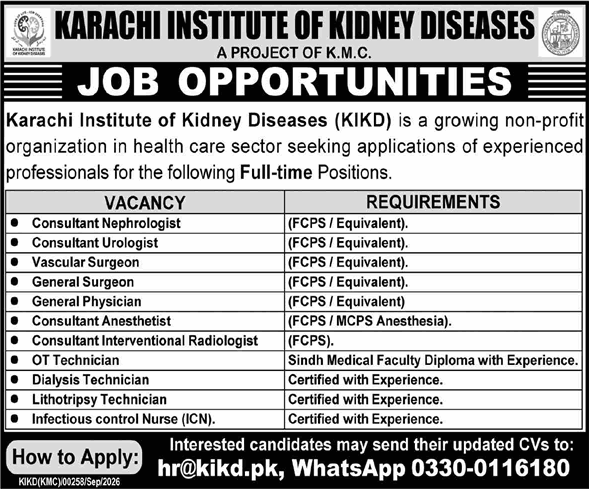 Karachi Institute of Kidney Diseases Jobs September 2026 October Medical Consultants, Technicians & Nurses KIKD Latest
