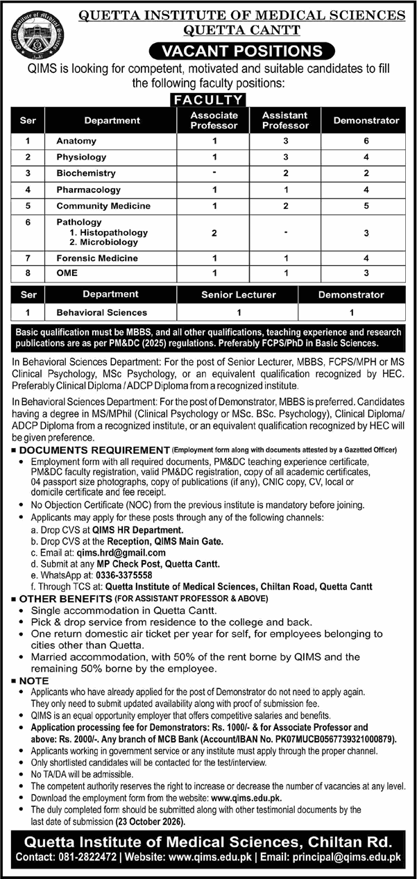 Quetta Institute of Medical Sciences Jobs September 2026 October Application Form Teaching Faculty QIMS Latest