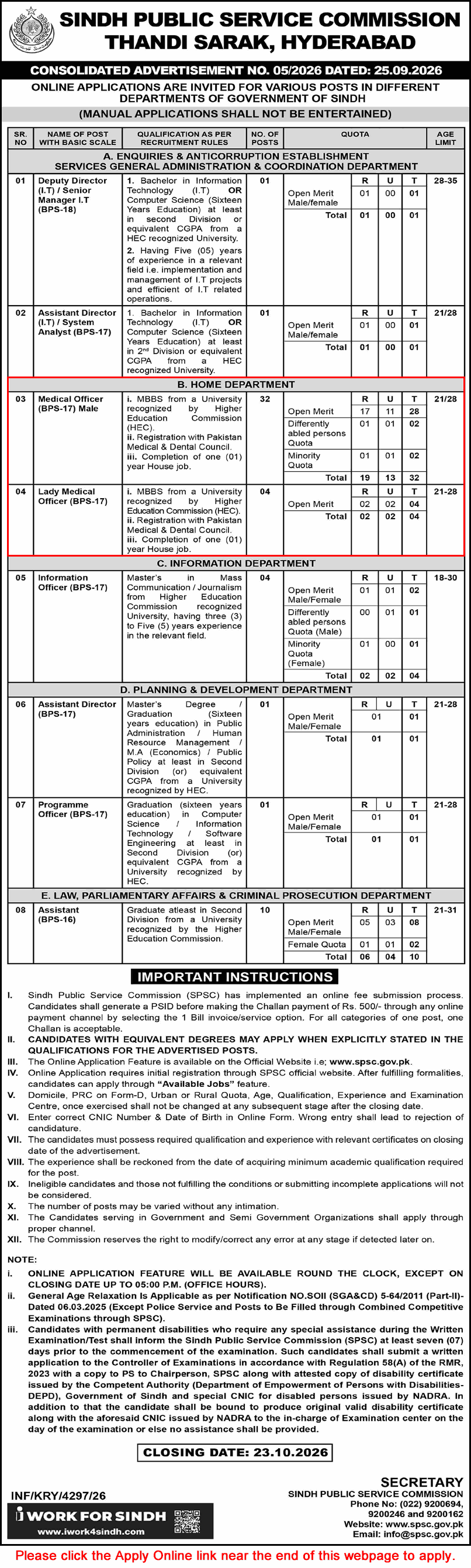 Medical Officer Jobs in Home Department Sindh September 2026 October SPSC Apply Online Latest
