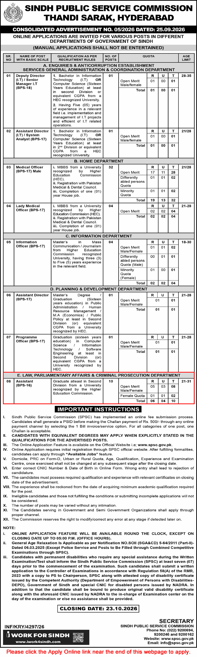 Assistant Jobs in Law Parliamentary Affairs & Criminal Prosecution Department Sindh September 2026 October SPSC Apply Online Latest