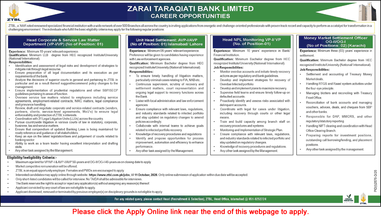ZTBL Jobs September 2026 October Apply Online Zarai Taraqiati Bank Limited Latest