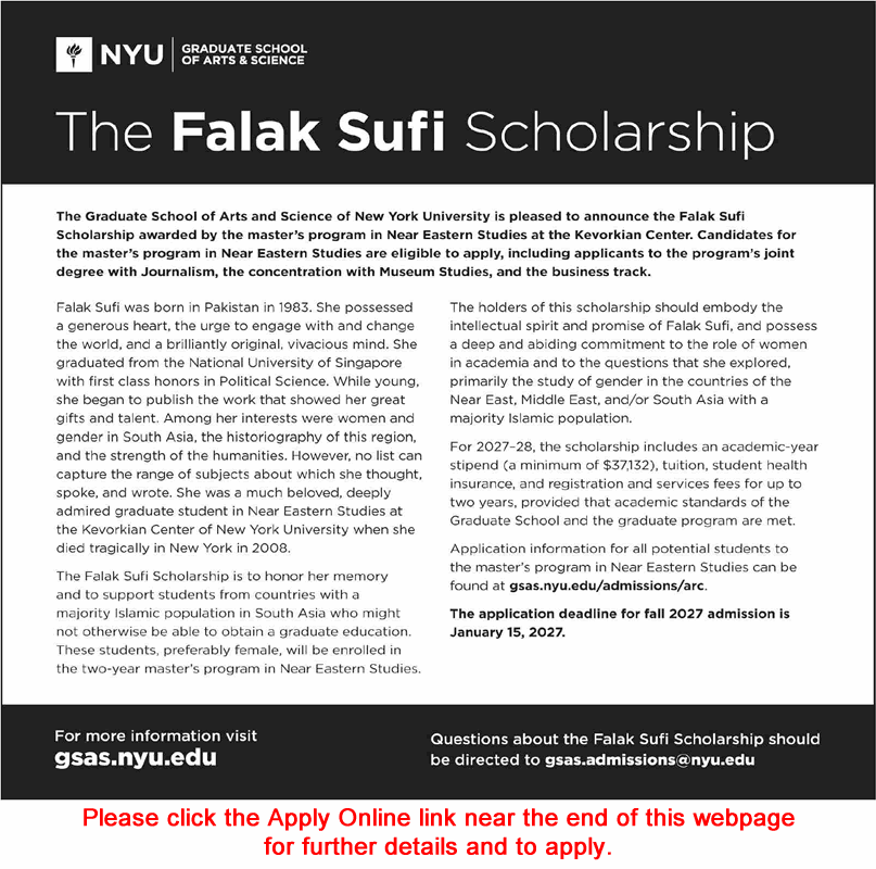 Falak Sufi Scholarship 2026 October Apply Online for Master's Program at GSAS NYU Latest