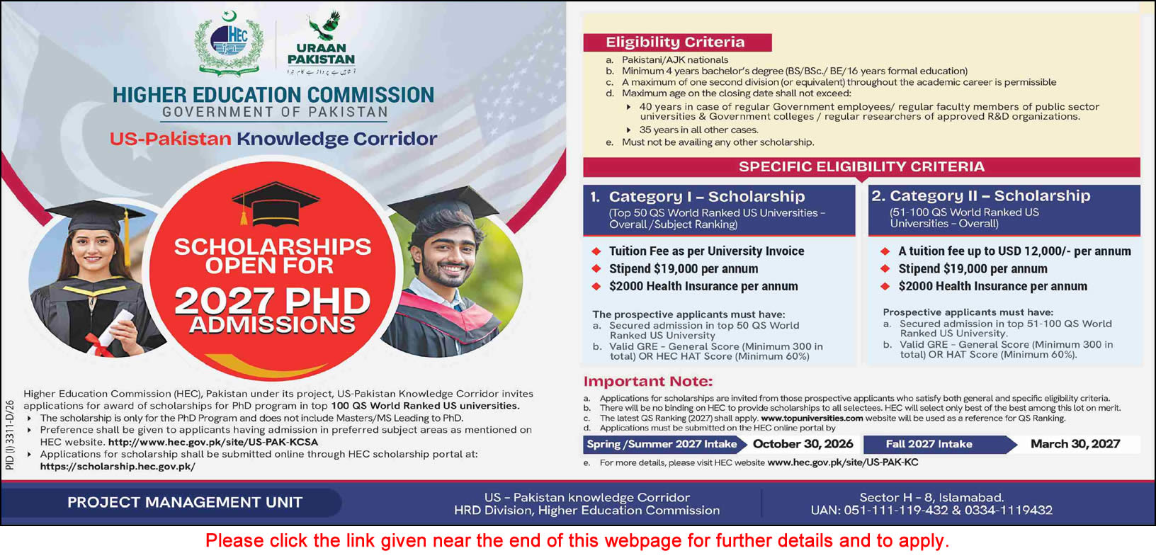 HEC Overseas PhD Scholarships October 2026 for 2027 Apply Online US Pakistan Knowledge Corridor Latest