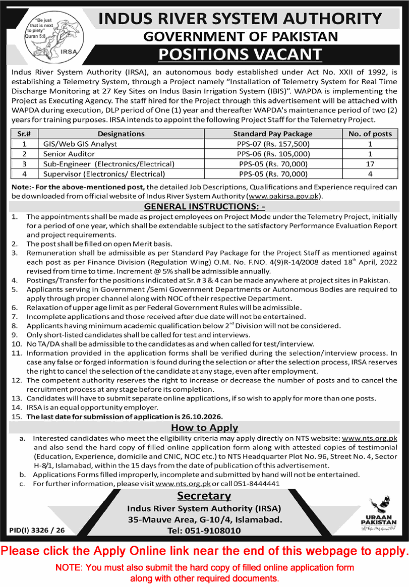 IRSA Jobs October 2026 NTS Apply Online Indus River System Authority Sub-Engineers & Others Latest