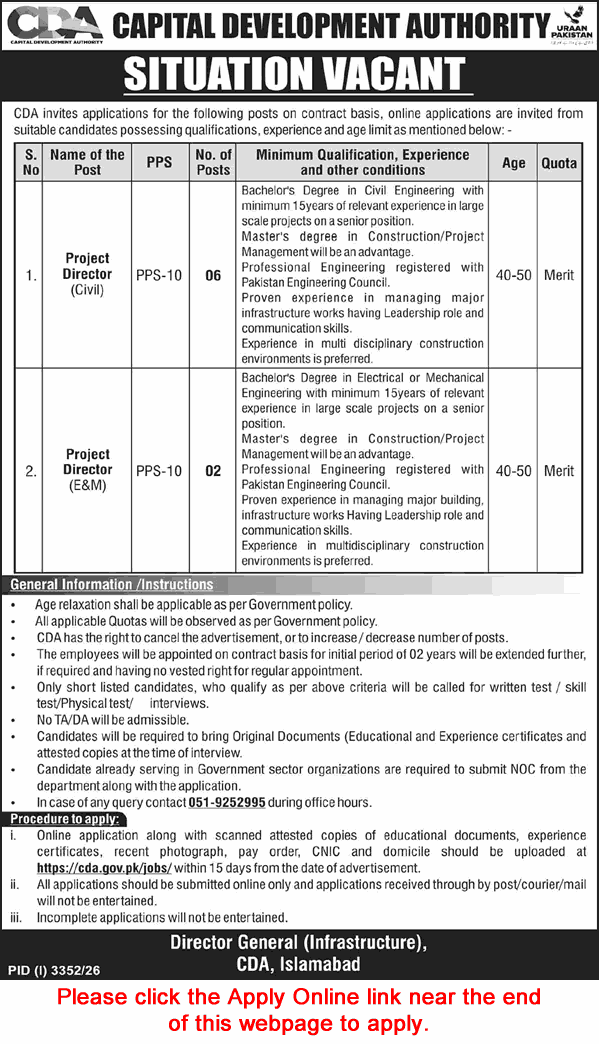 Project Director Jobs in CDA October 2026 Capital Development Authority Islamabad Latest