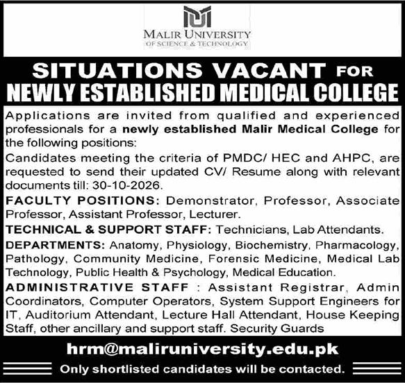 Malir University Jobs October 2026 Malir Medical College MMC MU Karachi Latest