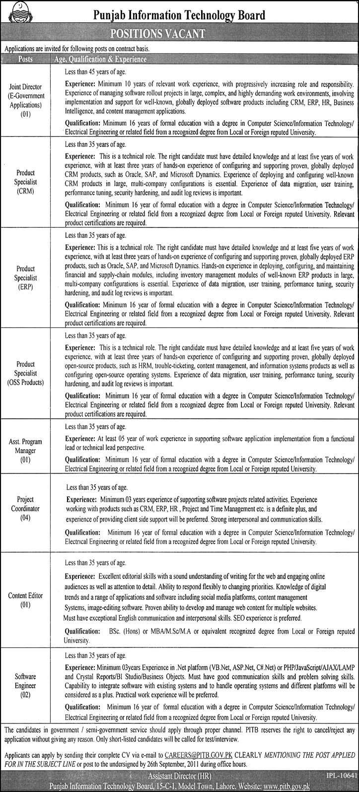 Position Vacant in Punjab Information Technology Board