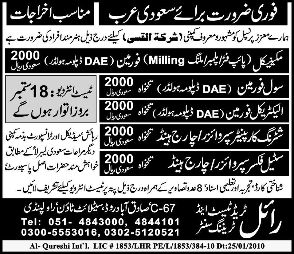 Urgently Required For Saudi Arabia