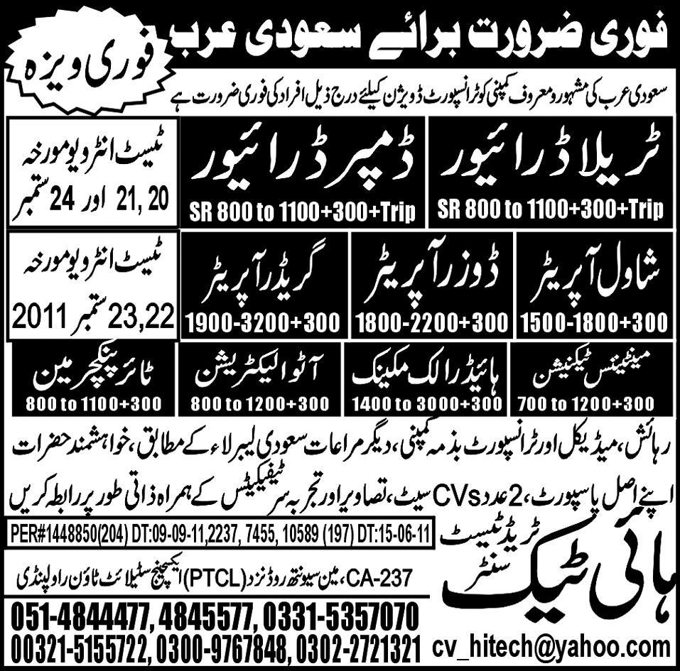 Urgently Required For Saudi Arabia