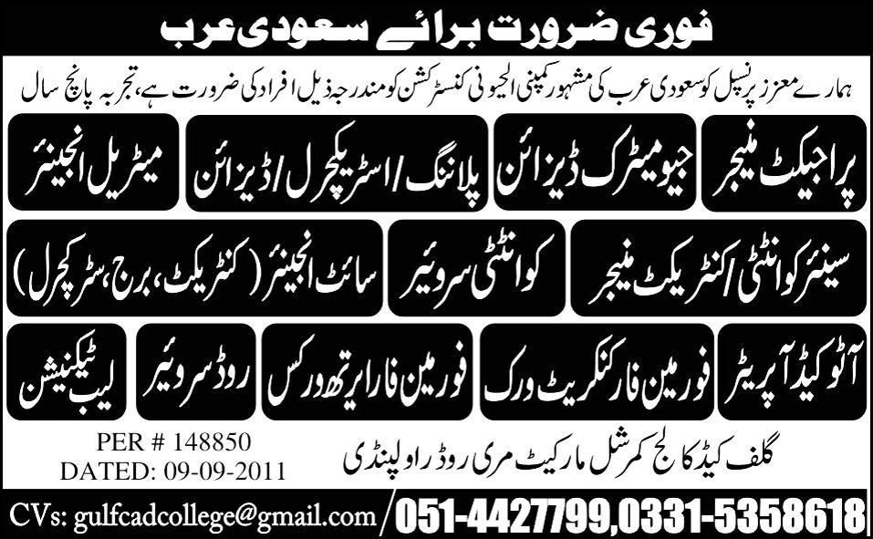 Urgently Required For Saudi Arabia