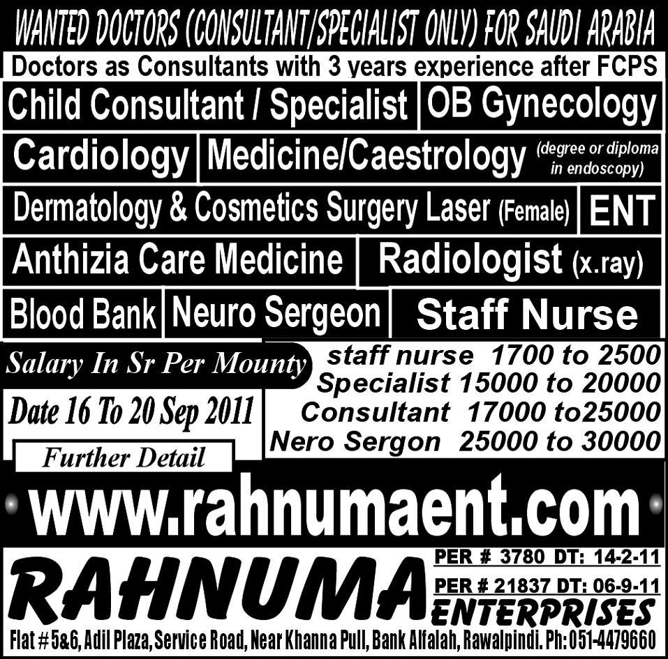 Wanted Doctors (Consultant/Specialist Only) For Saudi Arabia