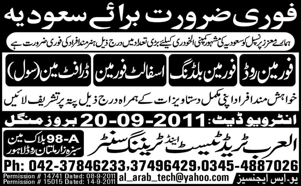 Urgently Required For Saudi Arabia