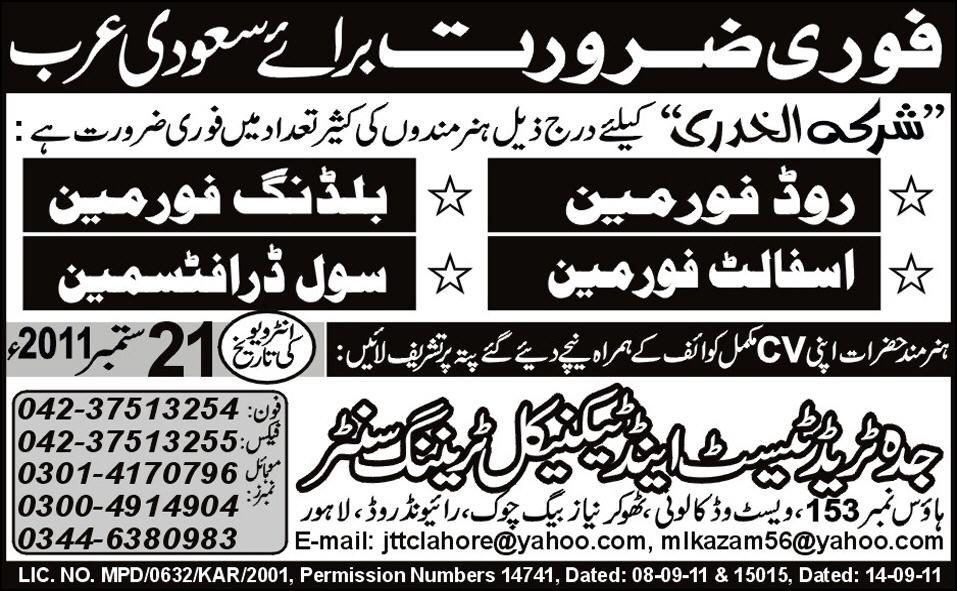 Urgently Required For Saudi Arabia