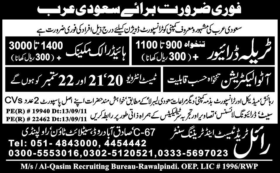 Urgently Required For Saudi Arabia