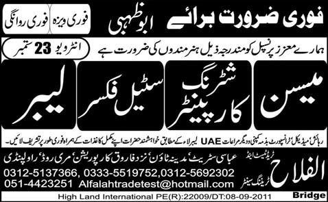 Urgently Required For Abu Dhabi