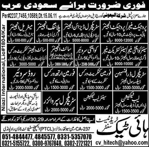 Urgently Required For Saudi Arabia