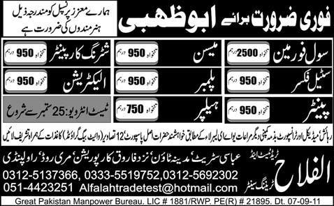 Urgently Required For Abu Dhabi